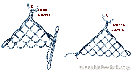 Плетение нового ряда квадратной сетки с маленькой (прибавочной) петли б